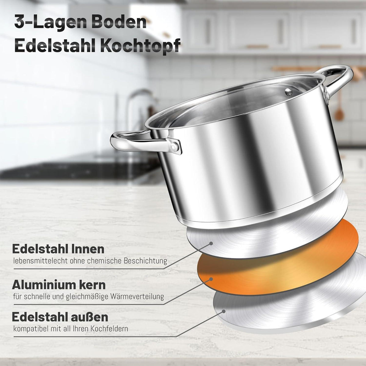 Edelstahl Kochtopf 24cm 5,7L Induktion 3-Lagen Boden Glasdeckel