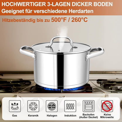 Großer Edelstahl Kochtopf 7,6L mit Glasdeckel, Induktion