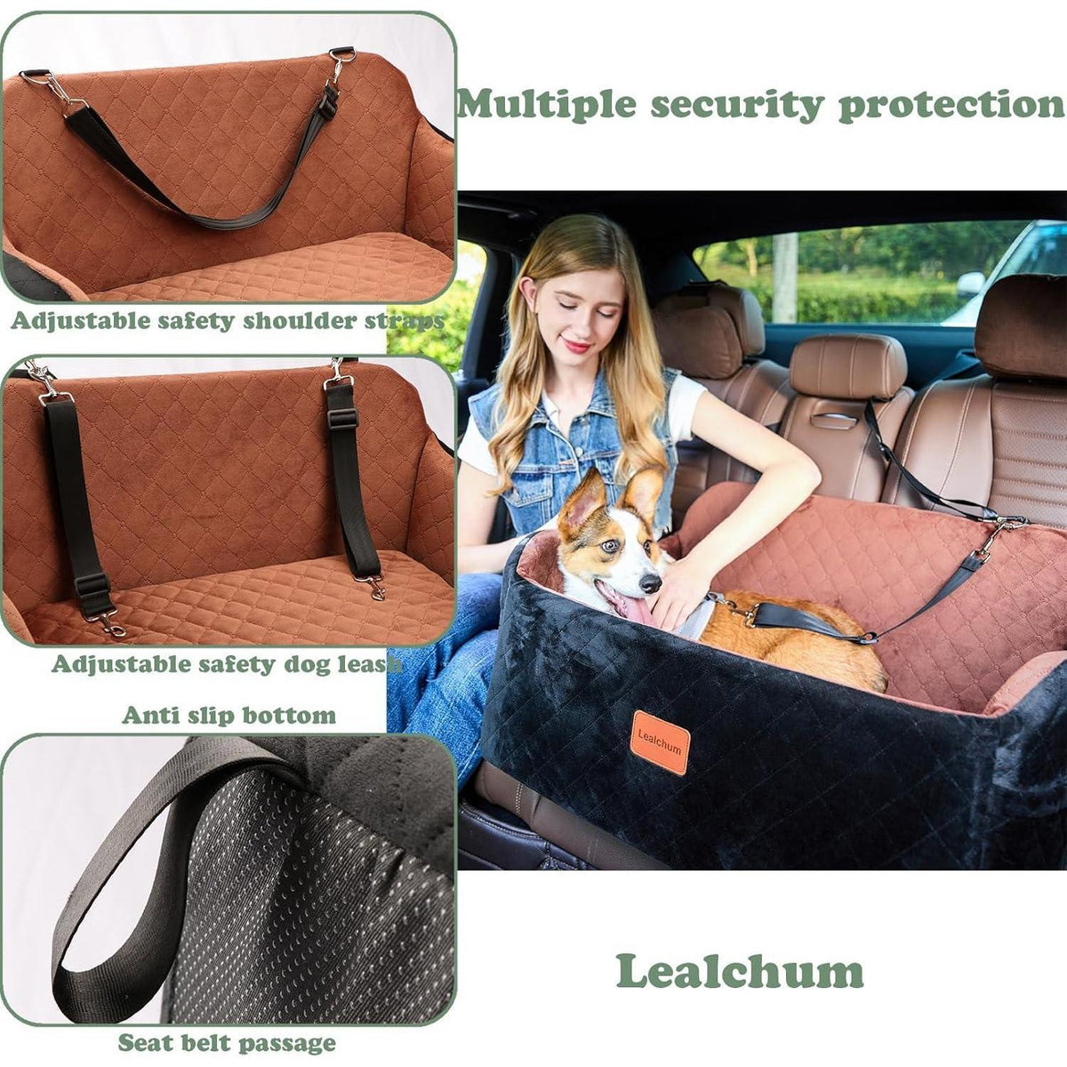 Hundeautositz mittelgroß mit Leine & Memory-Schaum