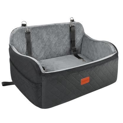 Hundeautositz mit Leine & Taschen – Komfortabel & Sicher (Schwarz/Grau, L)