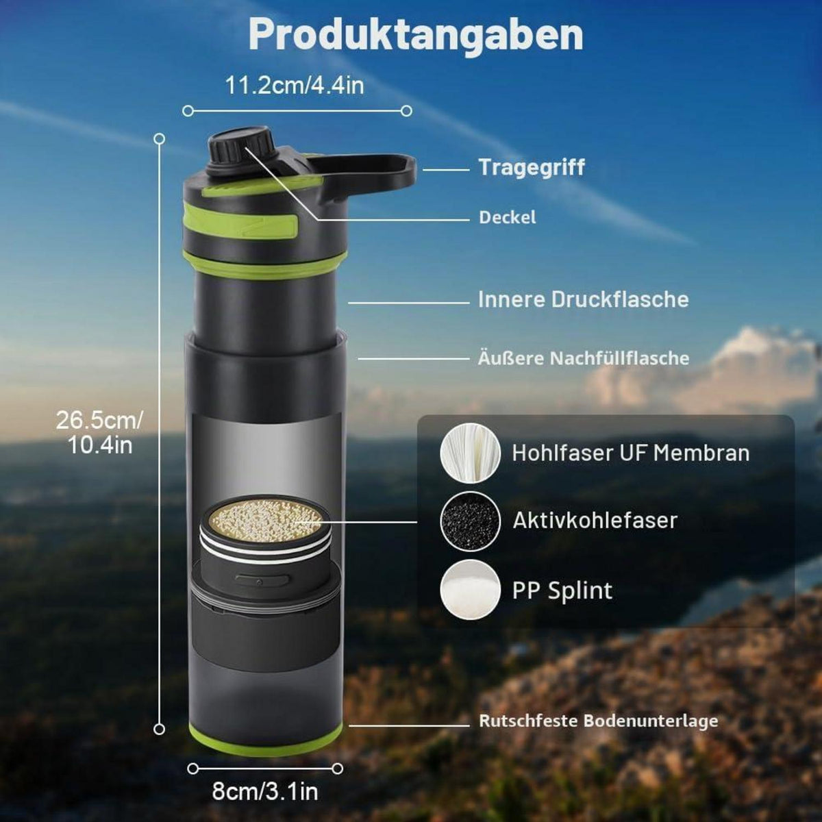 Wasserfilterflasche 800ml – Outdoor Trinkflasche mit Filter