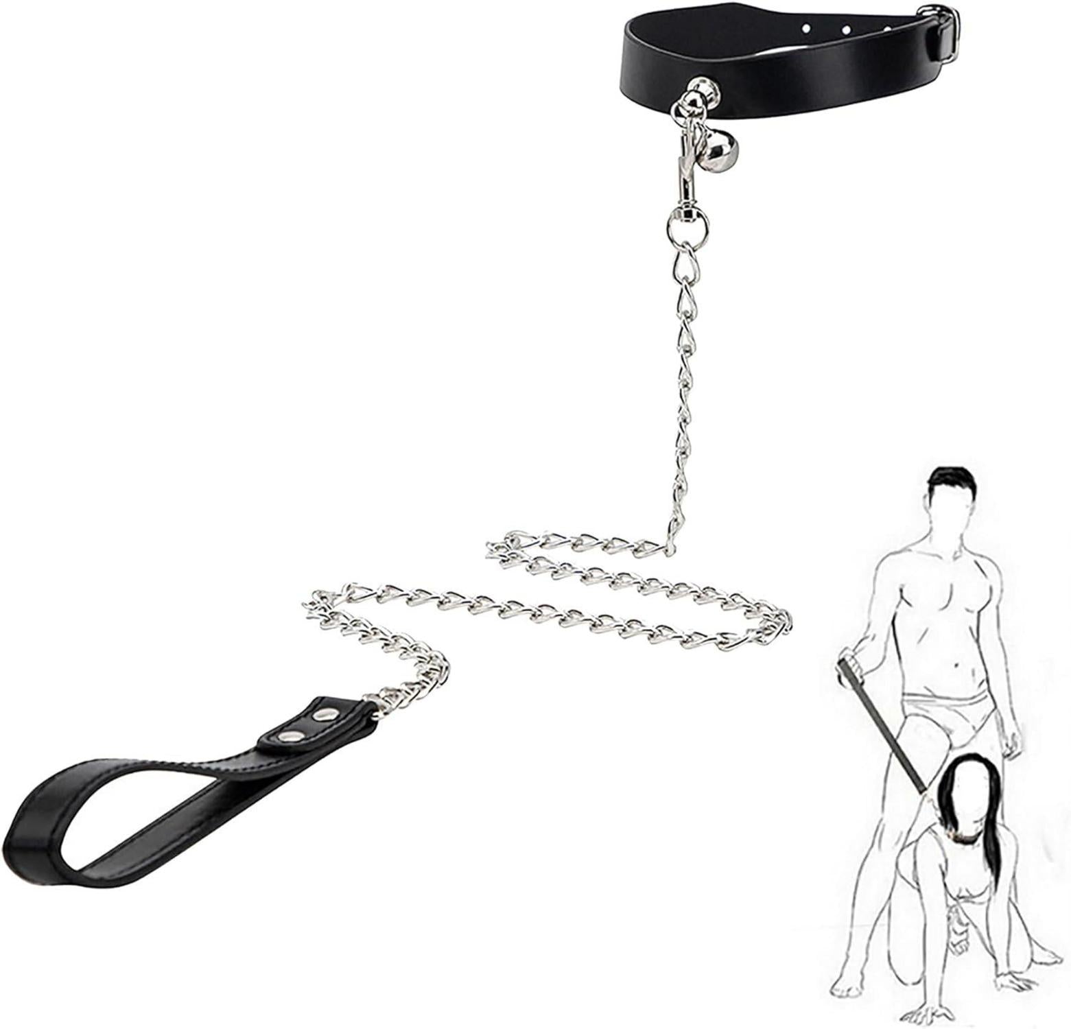 Leder Choker Halsband mit Glocke und Zugkette Schwarz