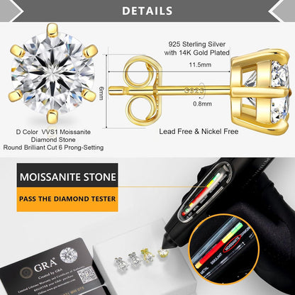 Moissanite Ohrringe Silber Damen D VVS1 14K Gold 1,2ct 6 mm