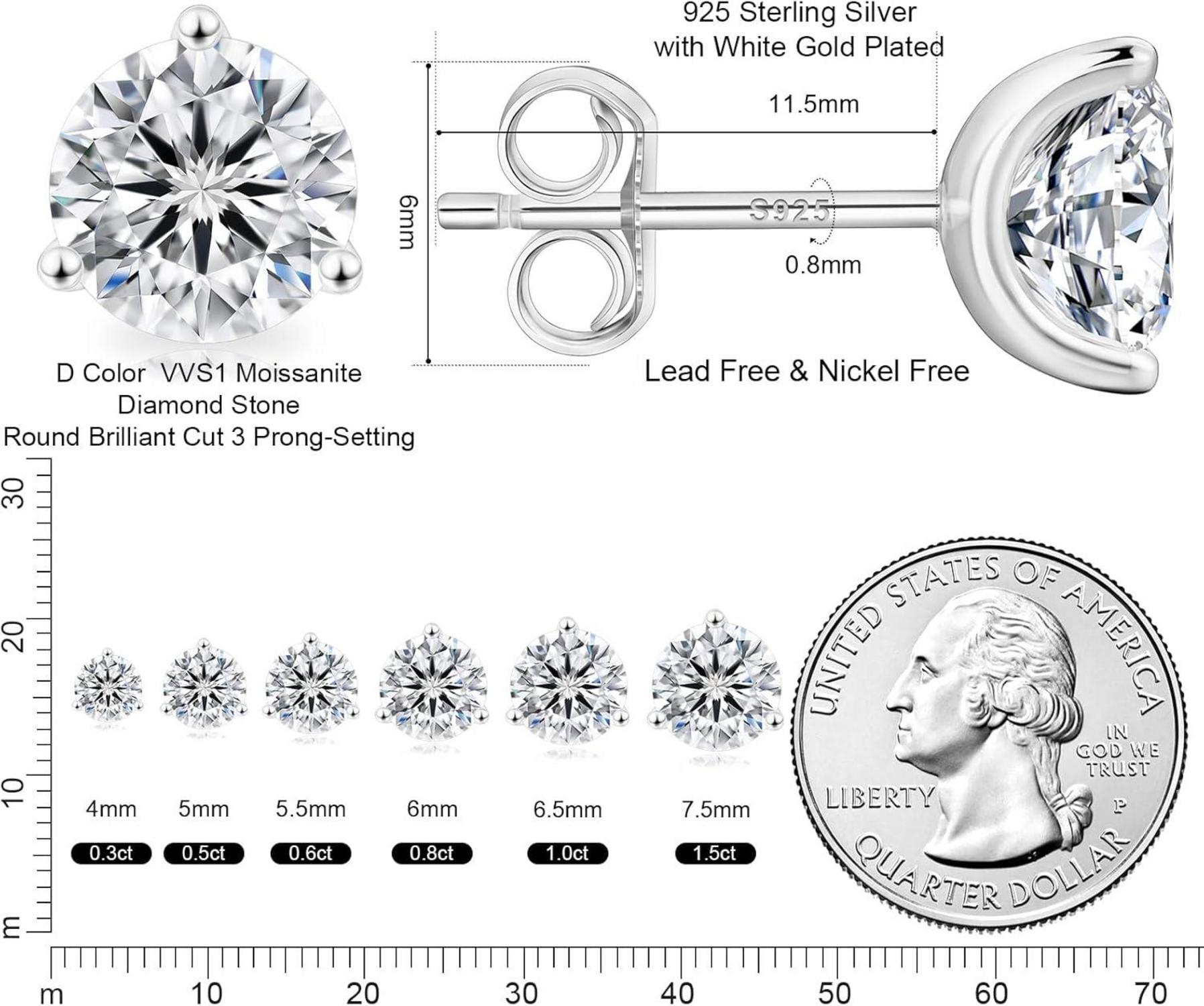 Moissanite Ohrringe Silber 925 Damen 1,0 Karat VVS1 D 3-Krappen