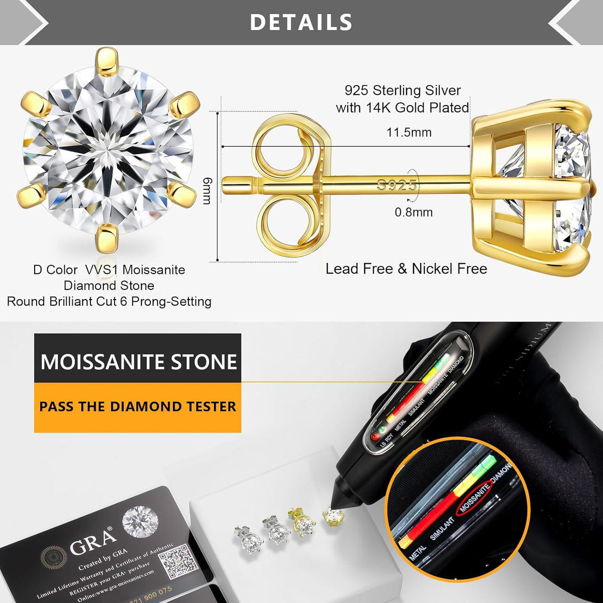 Moissanite Ohrringe Silber 925 Damen VVS1 D 14K Gold