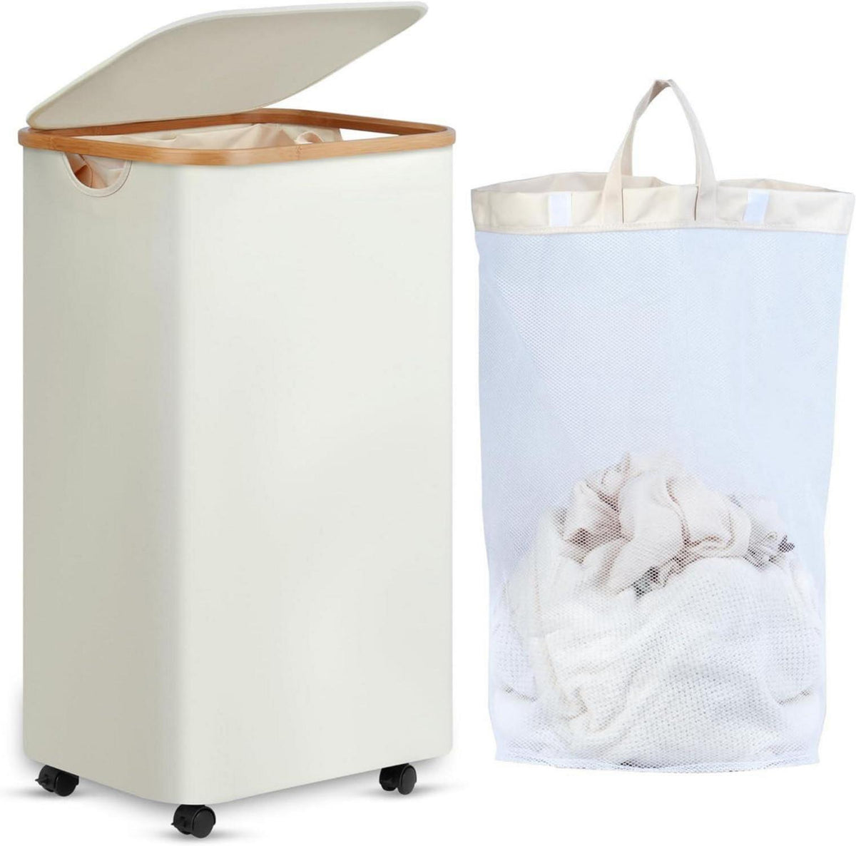 Großer Wäschekorb mit Rollen und Deckel aus Bambus 100L Beige