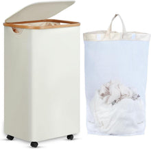 Großer Wäschekorb mit Rollen und Deckel aus Bambus 100L Beige