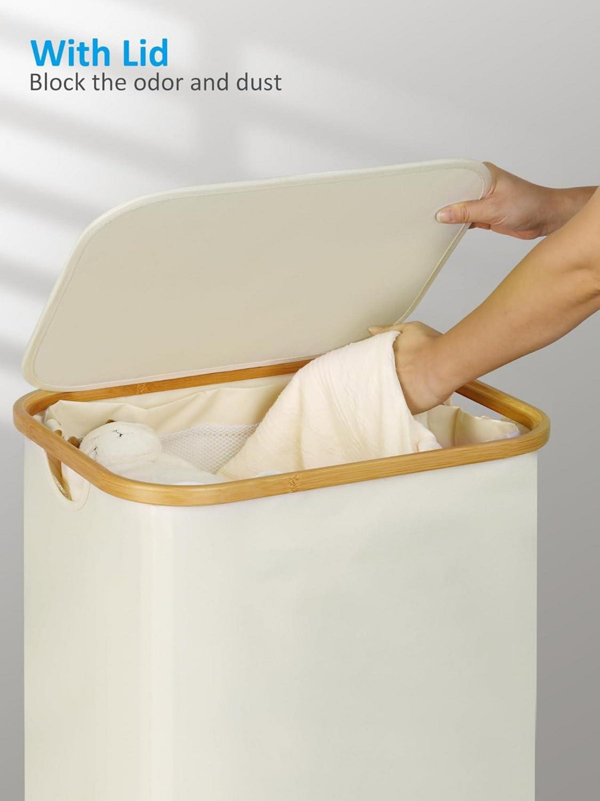 Efluky XL Wäschekorb mit Rollen und Deckel 100L Bambus Beige