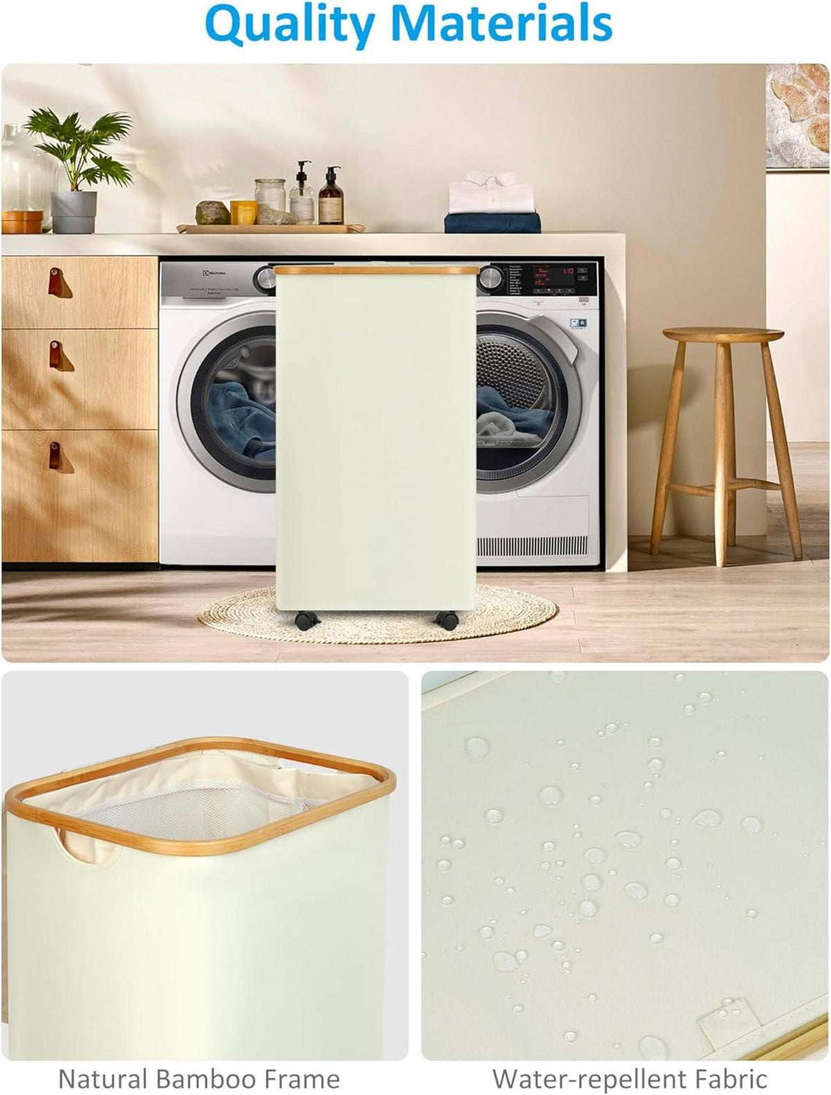 Wäschekorb mit Rollen 100L XL Bambus Deckel Innentasche Beige