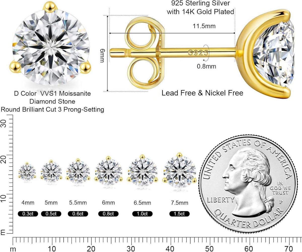 KRKC&CO Moissanite Ohrringe 925 Silber Damen VVS1 D 6,0mm 1,6ctw Gold
