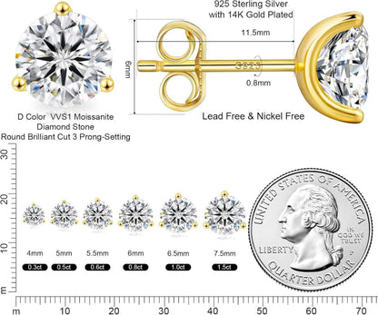 KRKC&CO Moissanite Ohrringe 925 Silber Damen VVS1 D 6,0mm 1,6ctw Gold