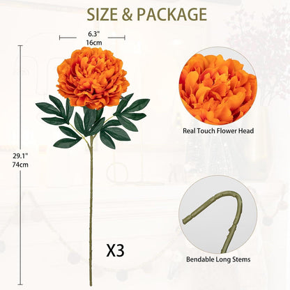 3er Set Künstliche Pfingstrosen Stiel 74cm - Real-Touch