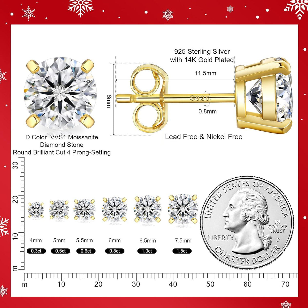 Moissanite Ohrringe Silber 925 Damen VVS1 Diamant 14K Gold 3,0ct 7,5mm