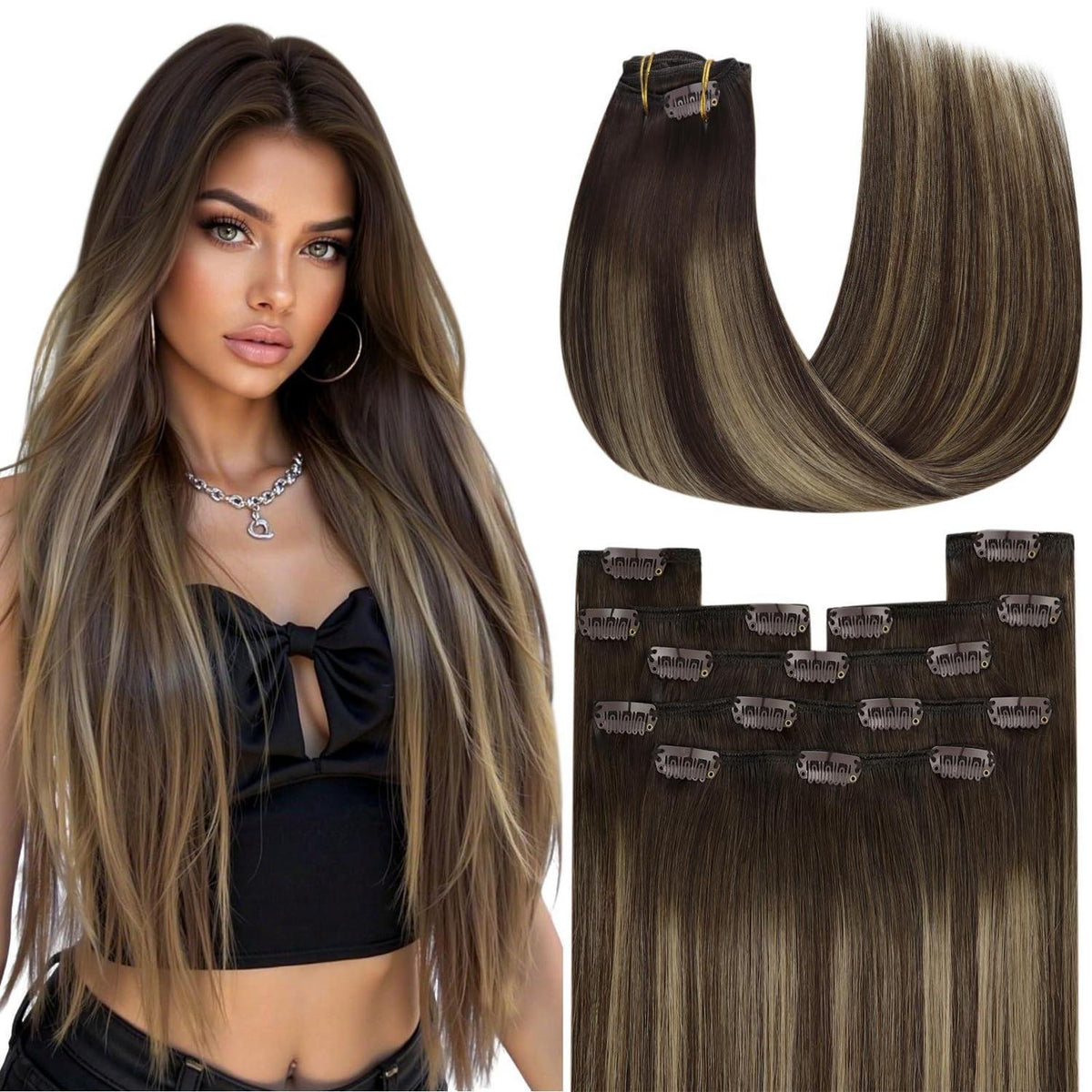 Clip-In Echthaar Extensions Ombre Dunkelbraun Karamellblond