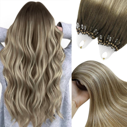 Echthaar Microring Extensions Braun Balayage Blond 45cm