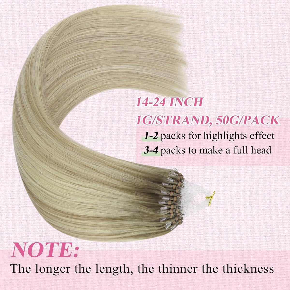Echthaar Microring Extensions Ombre Aschblond 45cm