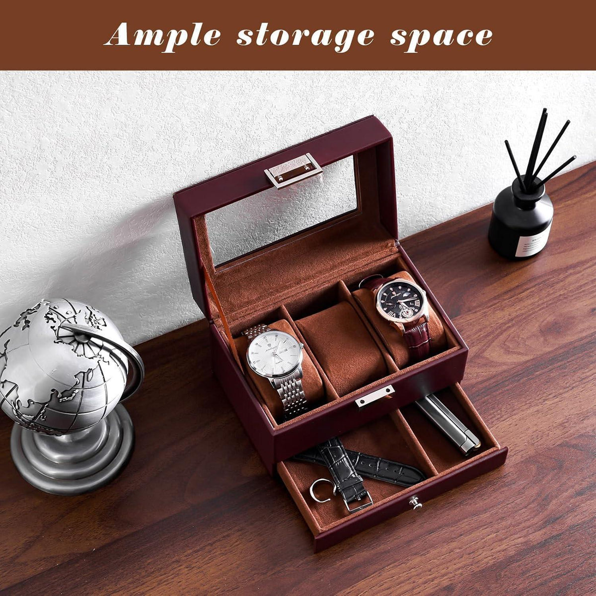 Uhrenbox mit 3 Fächern und Glasdeckel, Espresso