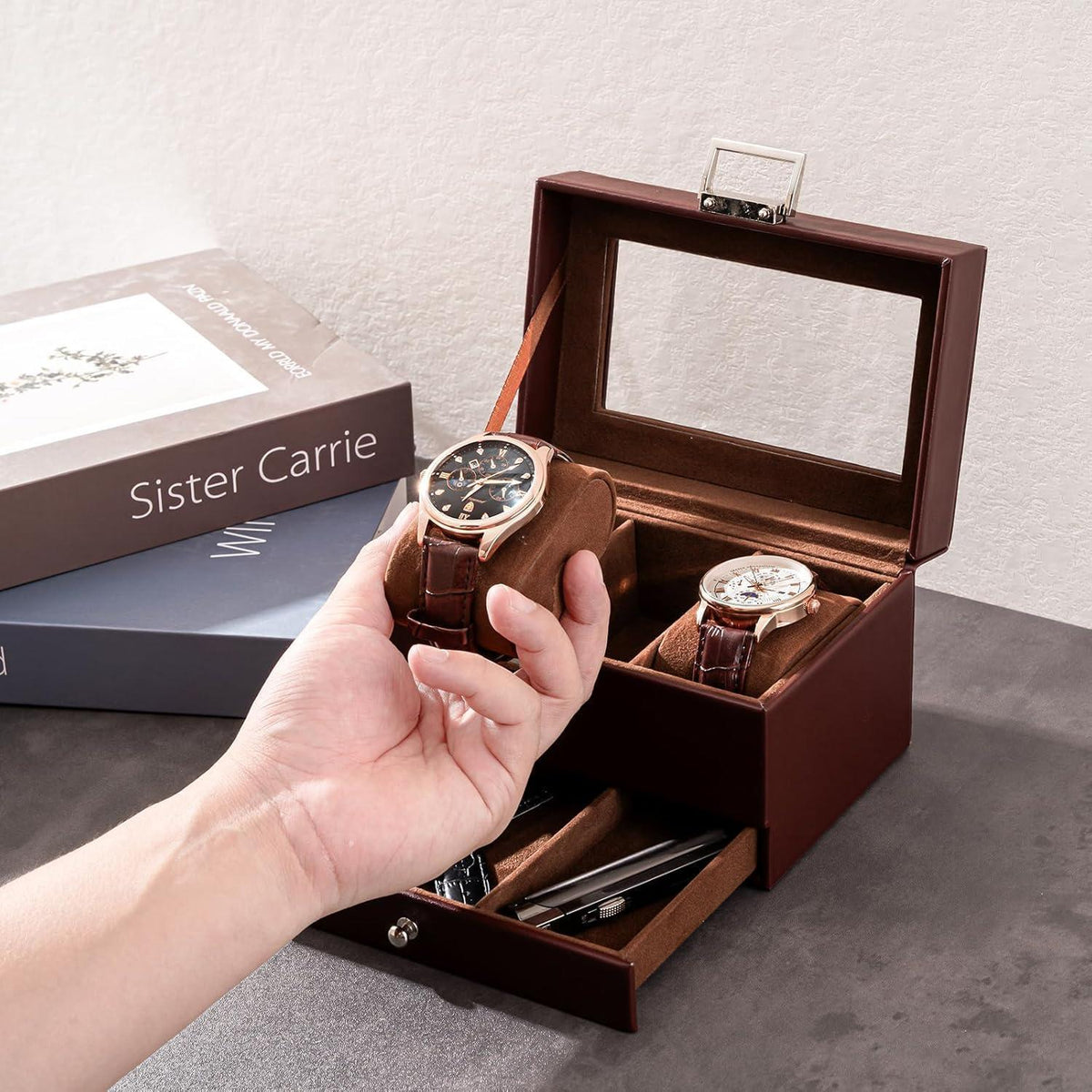 Uhrenbox mit 3 Fächern und Glasdeckel, Espresso