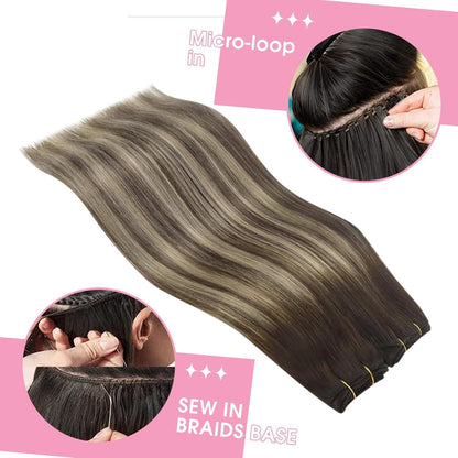 Echthaar Tressen Ombre Braun Aschblond 45cm Weft Extensions