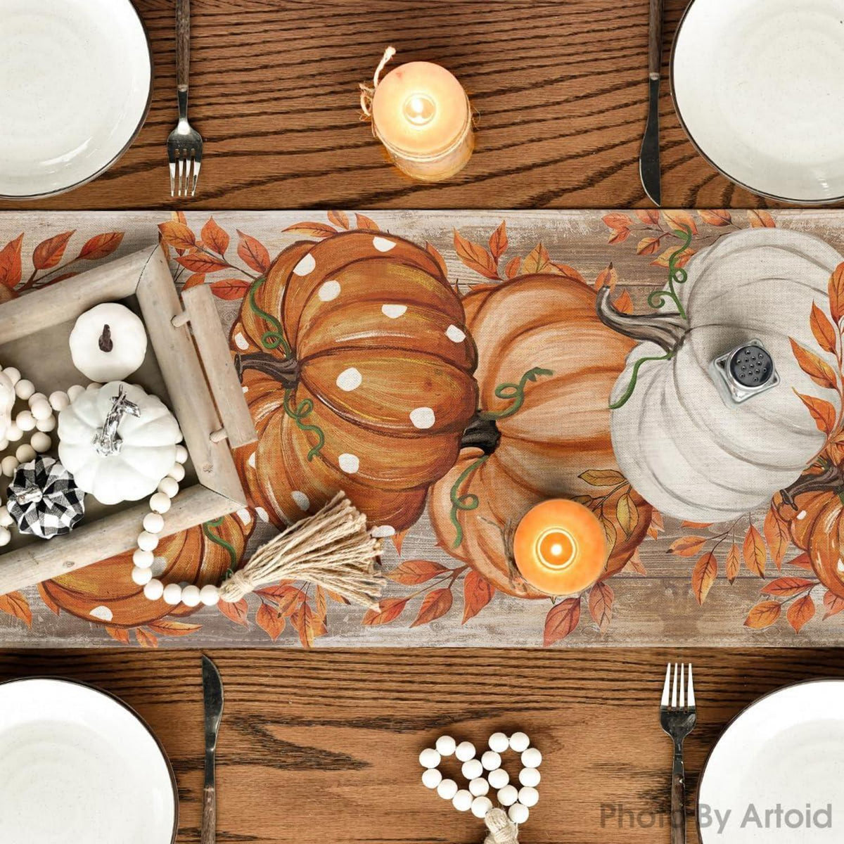 Artoid Herbst Tischläufer Blätter Kürbisse 40x140 cm Orange