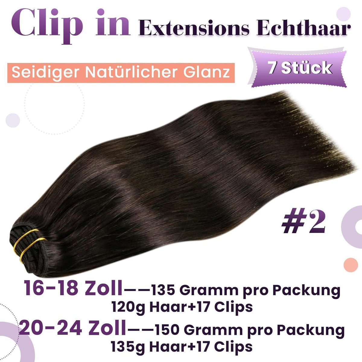 Echthaar Clip-in Extensions Dunkelbraun 40cm - 120g