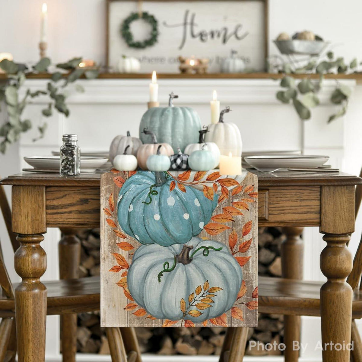 Artoid Mode Tischläufer Blau Herbst Kürbisse Blätter 40x180