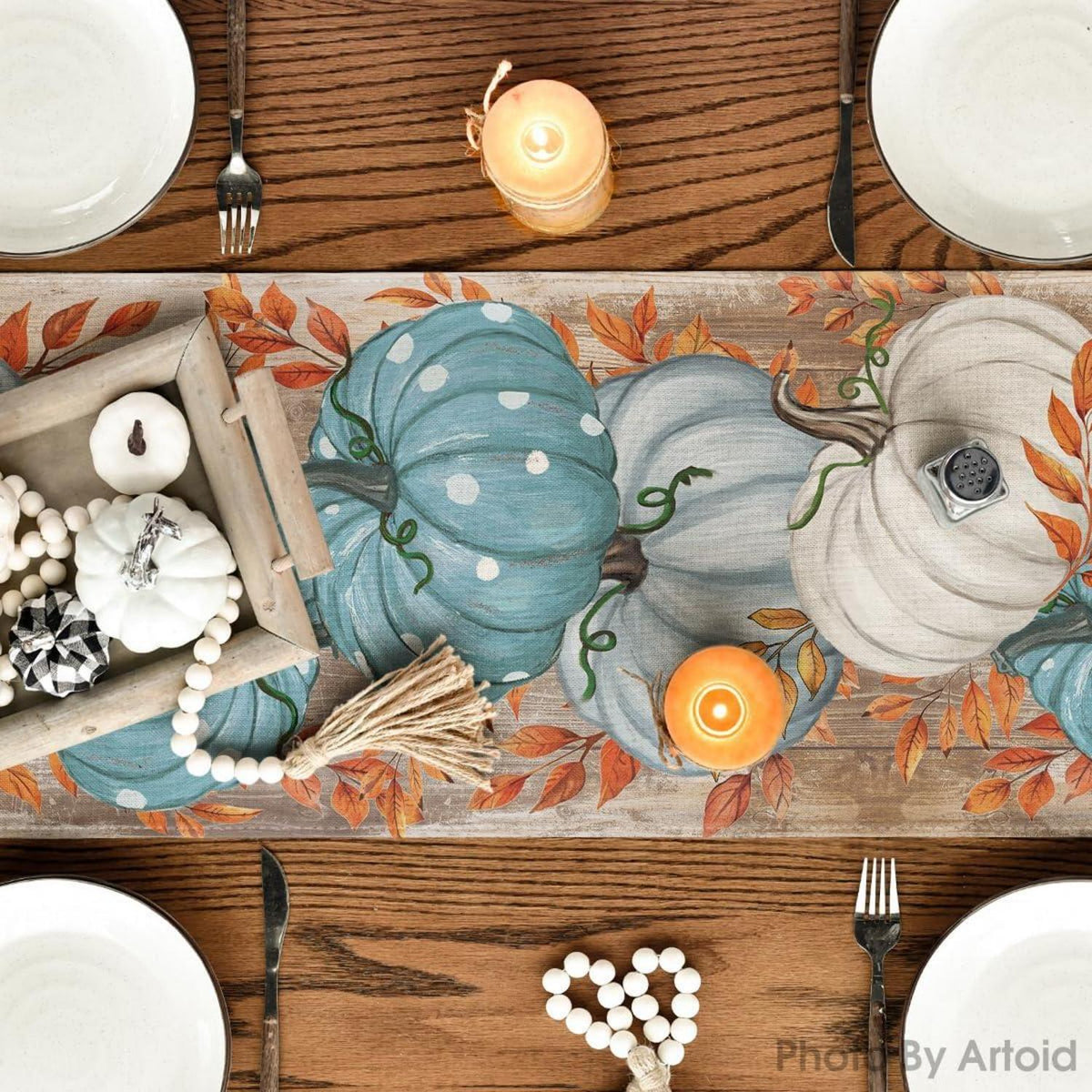 Artoid Mode Planken Blätter Blau Kürbisse Herbst Tischläufer 40x180 cm