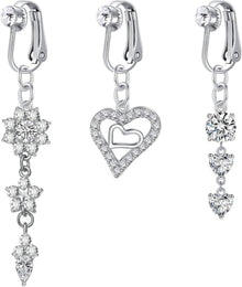 3er Set Fake Bauchnabelpiercing Silber Chirurgenstahl Clip CZ Herz