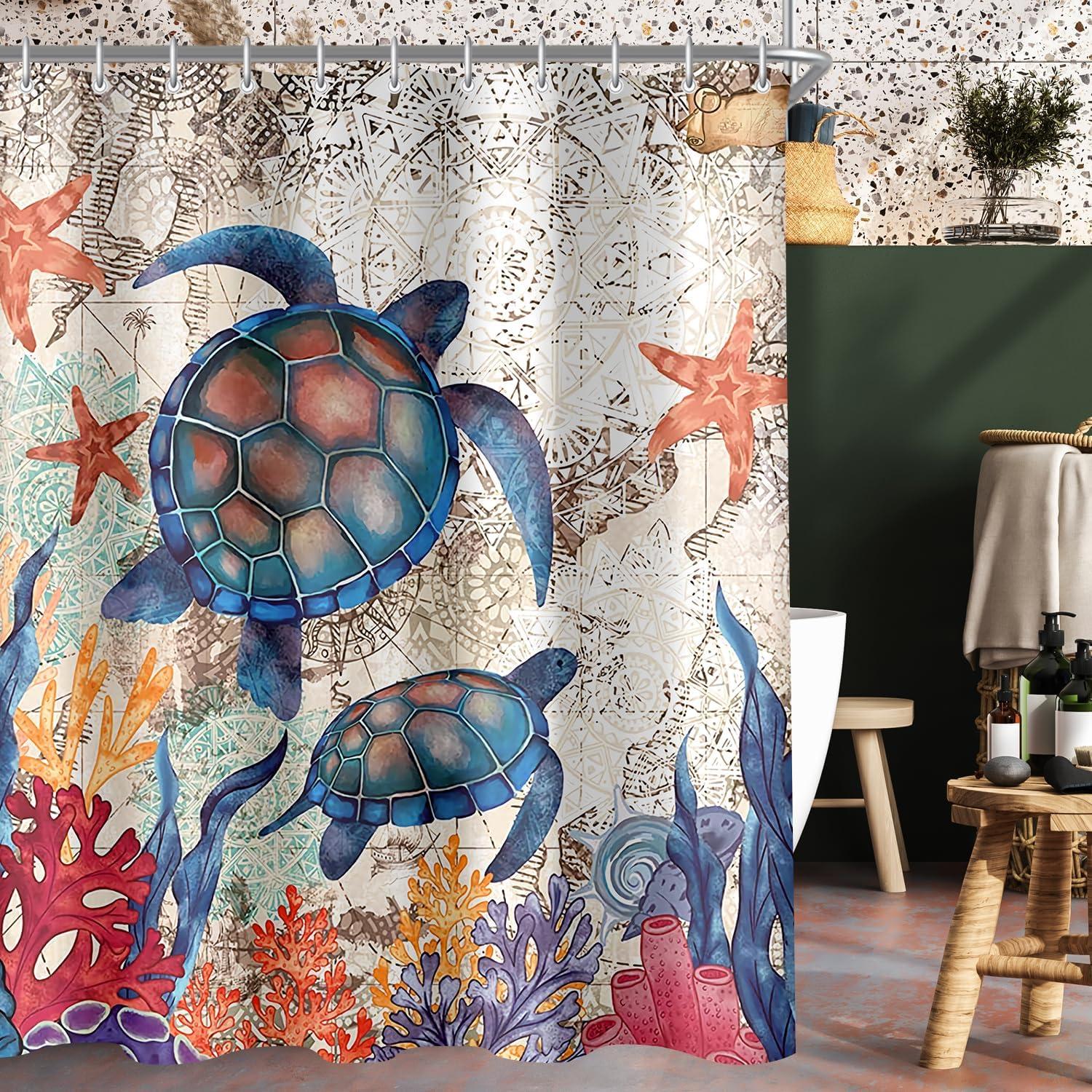 Duschvorhang 240x200cm Schildkröte Seesterne wasserabweisend waschbar