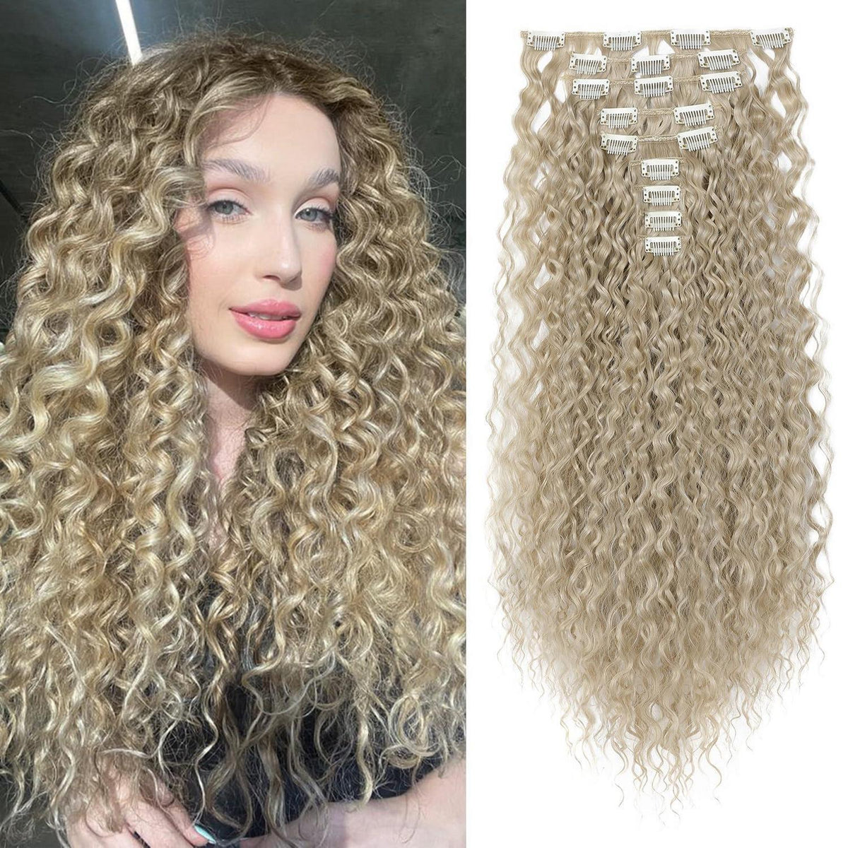 22 Zoll Lockige Haarverlängerung Aschblond - Clip In Set