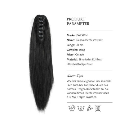 Schwarzer kurzer Pferdeschwanz mit Klauenclip – 30 cm Gerade Haarverlängerung