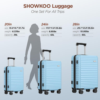 SHOWKOO 3tlg Kofferset Hartschale PC Leicht Trolley Handgepäck TSA XL L M Blau