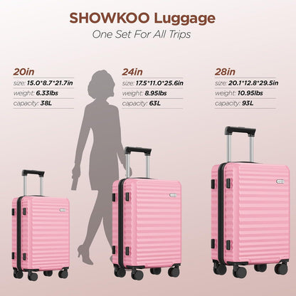 SHOWKOO Leichte Hartschale Kofferset 3tlg Erweiterbar TSA Rollen Rosa