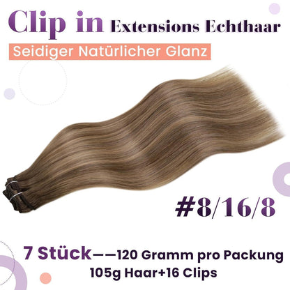 Echthaar Clip-In Extensions Braun Balayage Ombre 45cm