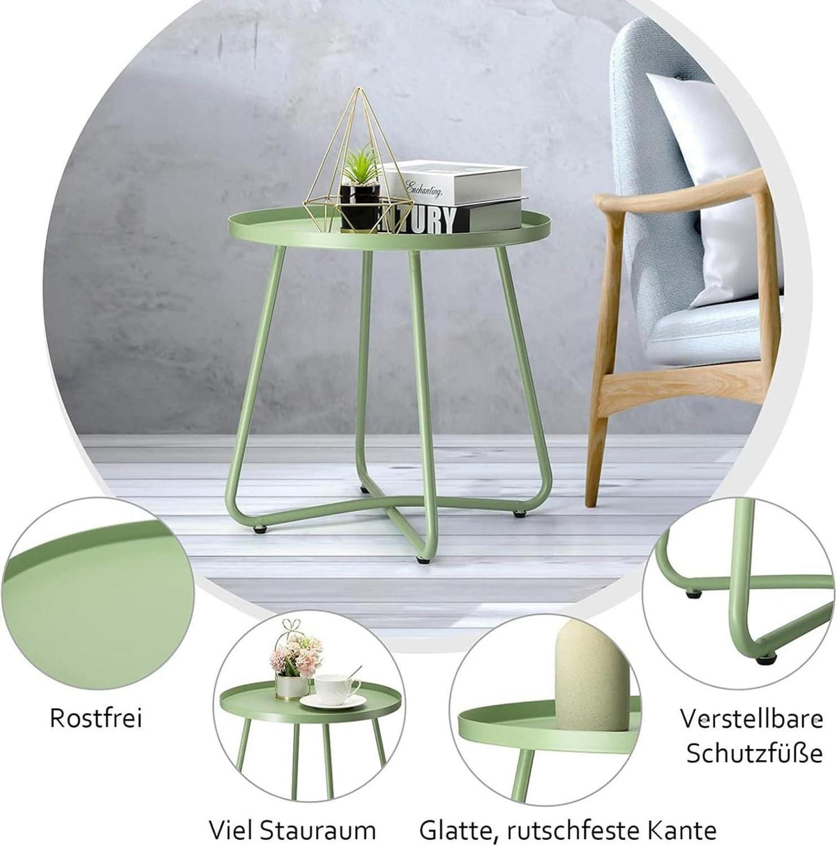 Kleiner Outdoor Beistelltisch Stahl Rund Terrasse Garten Grün
