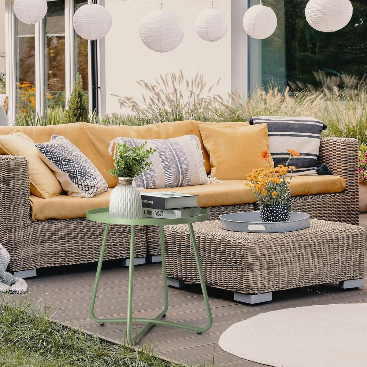 Kleiner Outdoor Beistelltisch Stahl Rund Terrasse Garten Grün