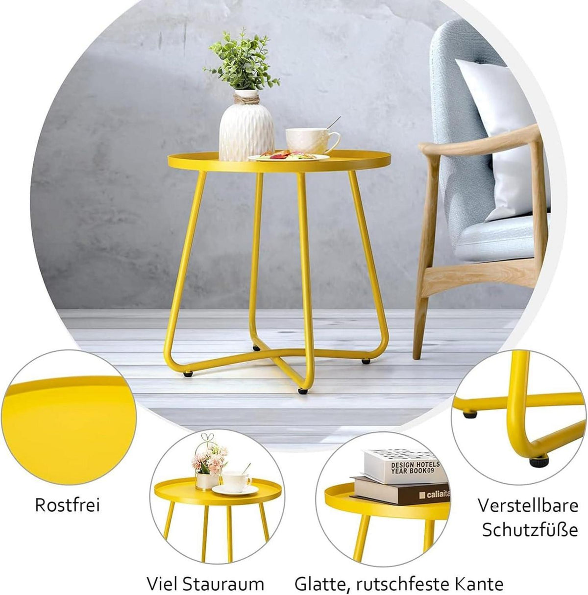 Outdoor Beistelltisch Stahl Terrassentisch Rund Metalltisch Gelb