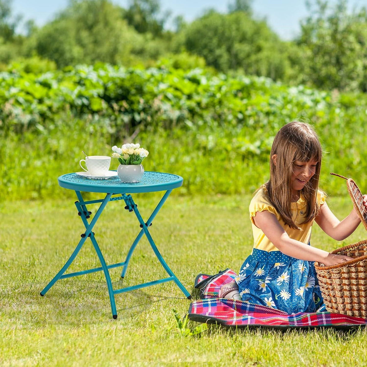 Faltbarer Outdoor Beistelltisch Blau Metall Terrasse Tisch