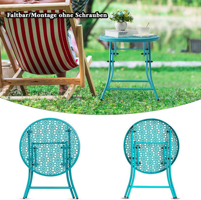 Faltbarer Outdoor Beistelltisch mit Blumenmotiv, Metall, Anti-Rost, Blau