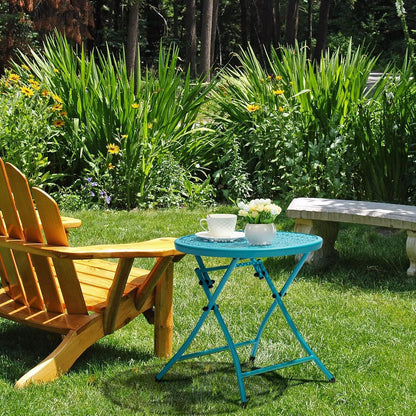 Faltbarer Outdoor Beistelltisch mit Blumenmotiv, Metall, Anti-Rost, Blau
