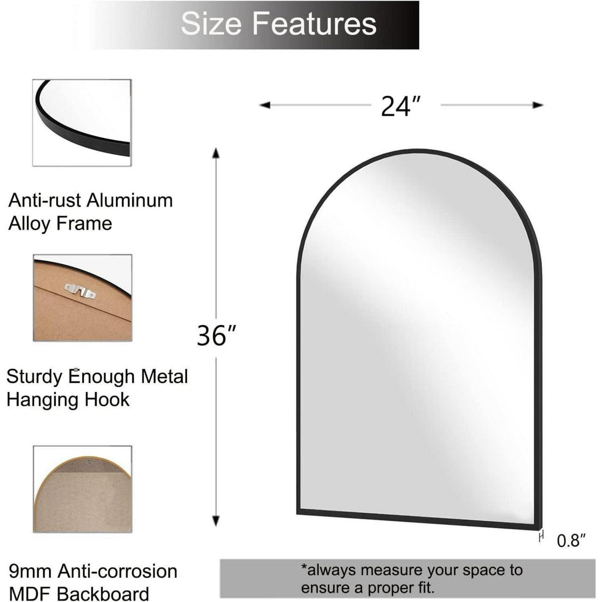 Gewölbter Wandspiegel 60x90cm mit Metallrahmen – 2er Set Schwarz
