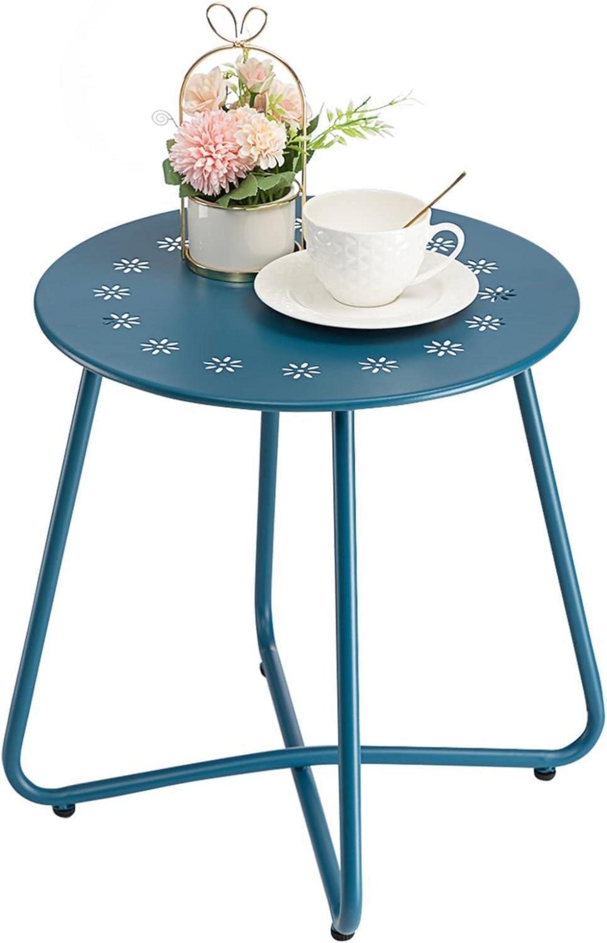 Outdoor Beistelltisch mit Blumenausschnitt, Wetterfester Stahl, Rund
