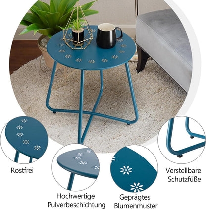 Outdoor Beistelltisch mit Blumenausschnitten, Wetterfest, Stahl, Rund, Metall, Marineblau