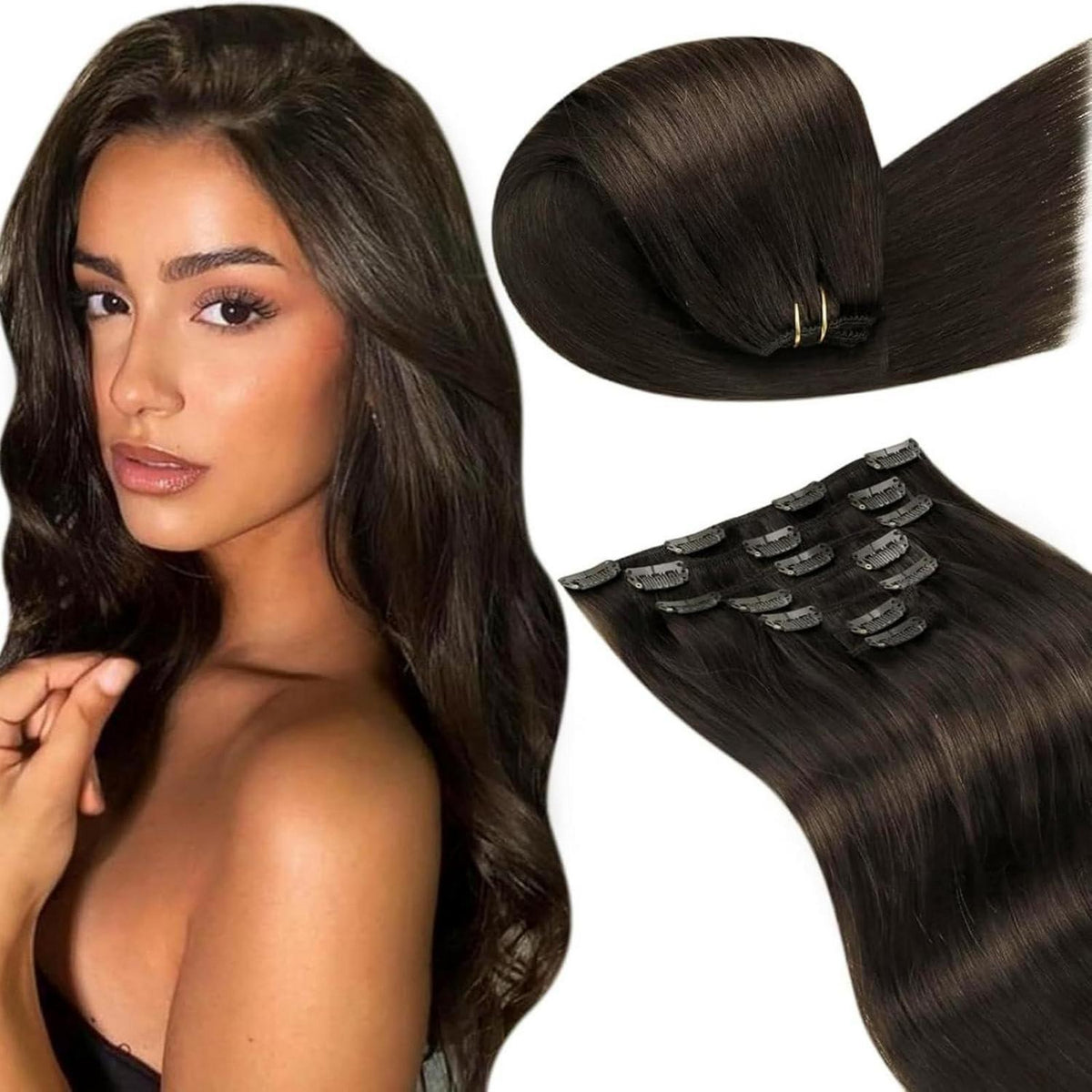 Echthaar Clip-in Haarverlängerung Braun Gerade 35cm