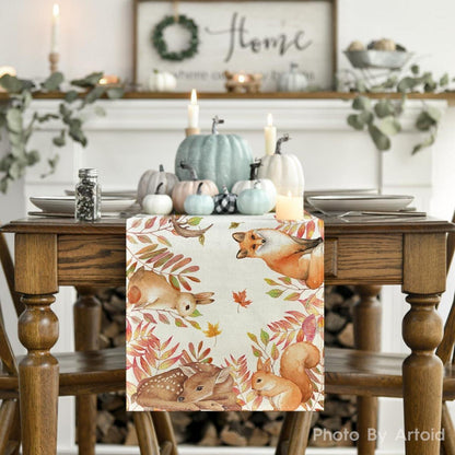 Herbst Tischläufer Eichhörnchen Vögel Tiere 40x180 cm Beige
