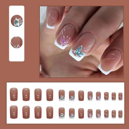 24x Kurze Schmetterling Nagel Aufkleben Eckig Press on Nails French Fingernägel