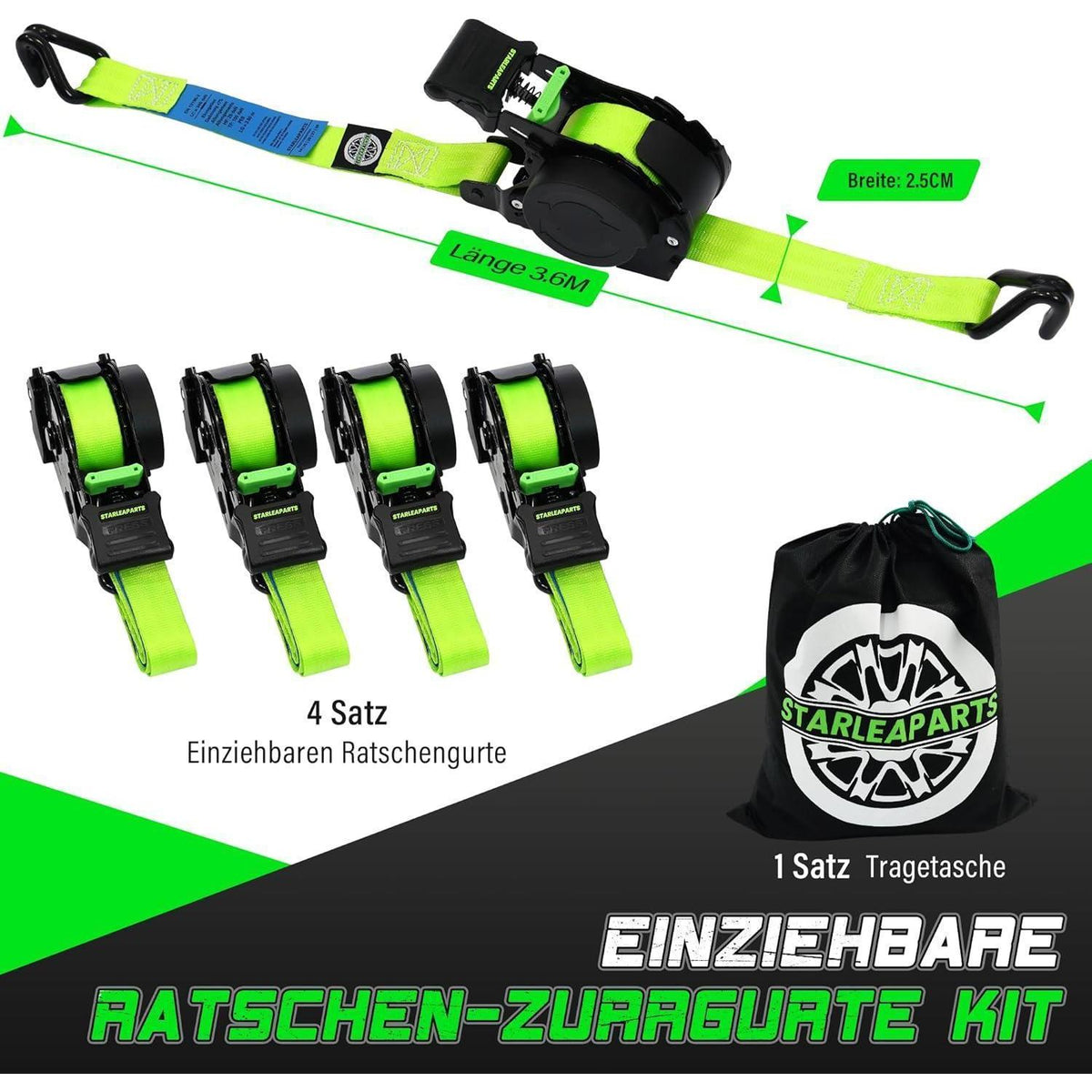 Automatischer Spanngurt-Set 4er-Pack – 3,6m x 25mm, Grün