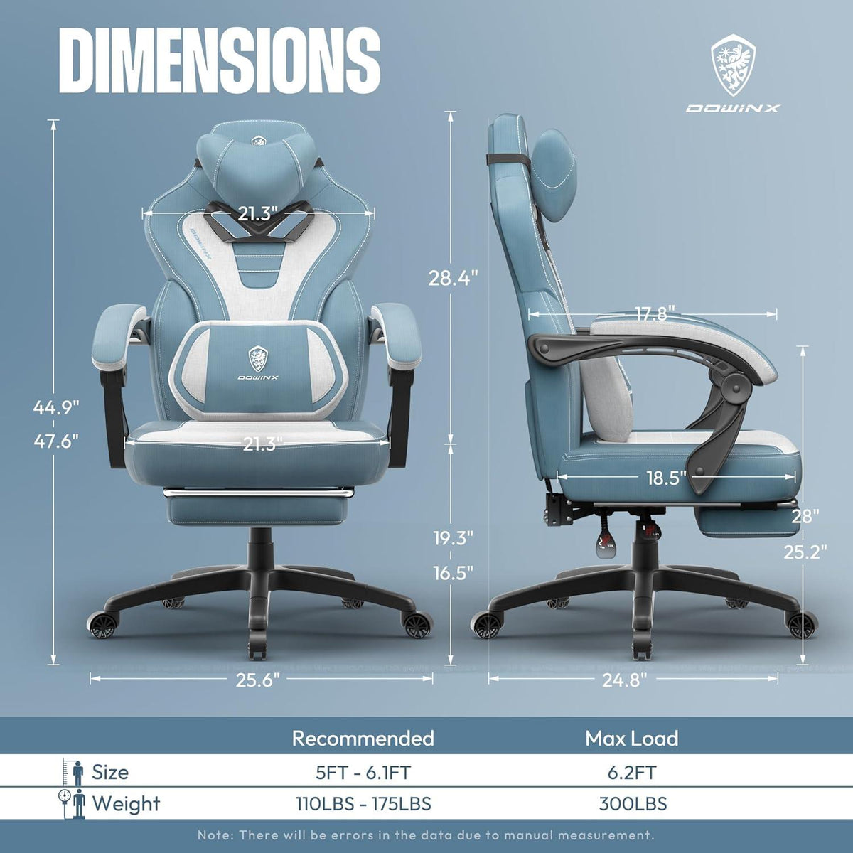 Gaming Stuhl mit Fußstütze und Massagefunktion, Stoff Blau
