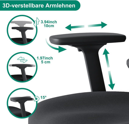 Ergonomischer Bürostuhl mit verstellbarer Rückenlehne und 3D-Lendenwirbelstütze