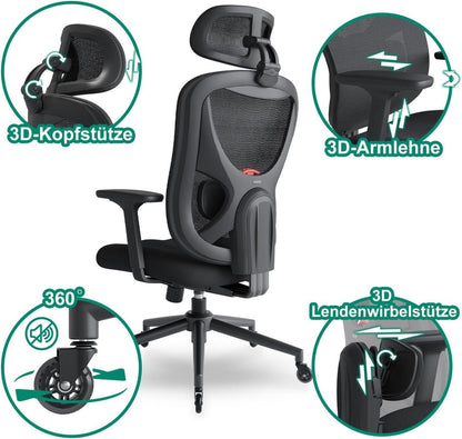 Ergonomischer Bürostuhl mit verstellbarer Rückenlehne und 3D-Lendenwirbelstütze